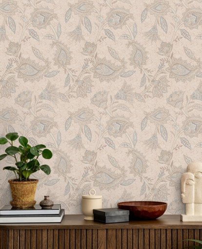 mural de papel de parede boho personalizável bege chamado Beige Boho Floral Paisley da Bloomery Decor