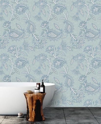 carta da parati murale bohémien personalizzata blu chiamata Blue Boho Floral Paisley di Bloomery Decor