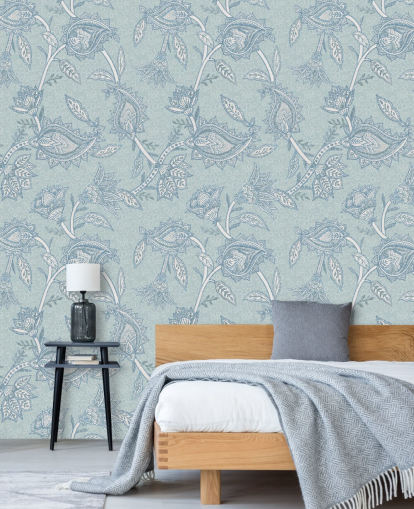 sininen mukautettu boheemi taustakuvamaalaus nimeltä Blue Boho Floral Paisley by Bloomery Decor sininen mukautettu boheemi taustakuvamaalaus nimeltä Blue Boho Floral Paisley by Bloomery Decor