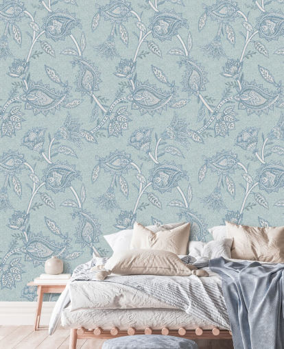 blå anpassad bohemisk tapetväggmålning kallad Blue Boho Floral Paisley av Bloomery Decor blå anpassad bohemisk tapetväggmålning kallad Blue Boho Floral Paisley av Bloomery Decor