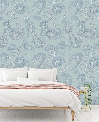 papier peint mural bohème personnalisé bleu appelé Blue Boho Floral Paisley par Bloomery Decor