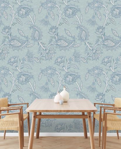 blått tilpasset bohemsk tapetmaleri kalt Blue Boho Floral Paisley av Bloomery Decor blått tilpasset bohemsk tapetmaleri kalt Blue Boho Floral Paisley av Bloomery Decor