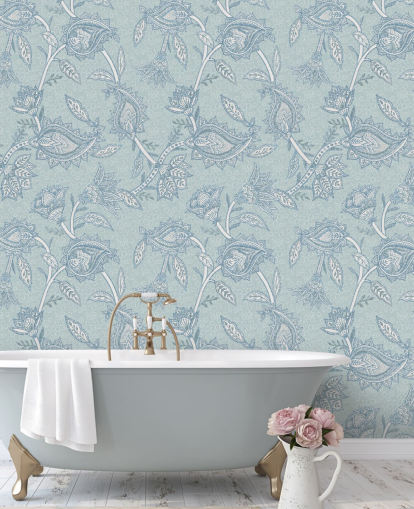 mural de papel pintado bohemio personalizado azul llamado Blue Boho Floral Paisley de Bloomery Decor