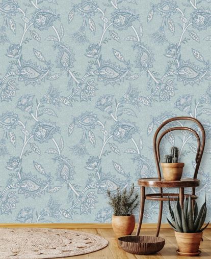 sininen mukautettu boheemi taustakuvamaalaus nimeltä Blue Boho Floral Paisley by Bloomery Decor sininen mukautettu boheemi taustakuvamaalaus nimeltä Blue Boho Floral Paisley by Bloomery Decor