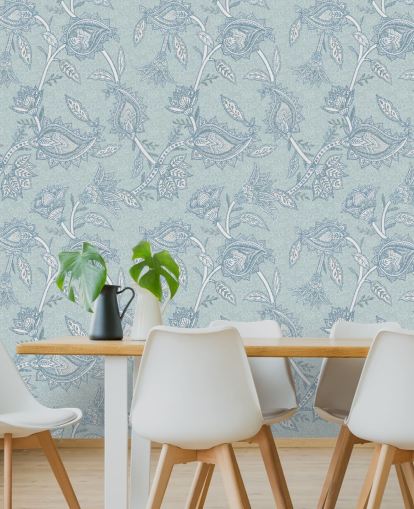 sininen mukautettu boheemi taustakuvamaalaus nimeltä Blue Boho Floral Paisley by Bloomery Decor