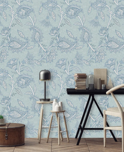 blått tilpasset bohemsk tapetmaleri kalt Blue Boho Floral Paisley av Bloomery Decor