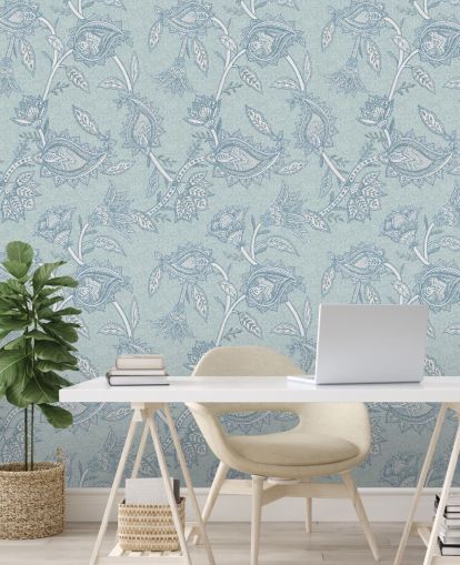 blå anpassad bohemisk tapetväggmålning kallad Blue Boho Floral Paisley av Bloomery Decor blå anpassad bohemisk tapetväggmålning kallad Blue Boho Floral Paisley av Bloomery Decor
