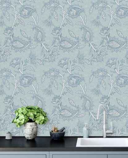 blått tilpasset bohemsk tapetmaleri kalt Blue Boho Floral Paisley av Bloomery Decor