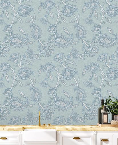 carta da parati murale bohémien personalizzata blu chiamata Blue Boho Floral Paisley di Bloomery Decor