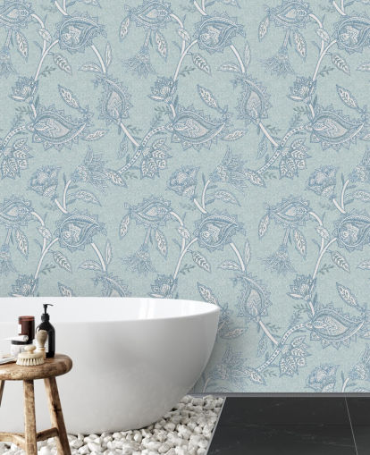blue custom bohemian wallpaper mural called Blue Boho Floral Paisley by Bloomery Decor