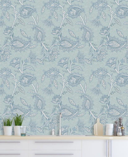 mural de papel pintado bohemio personalizado azul llamado Blue Boho Floral Paisley de Bloomery Decor