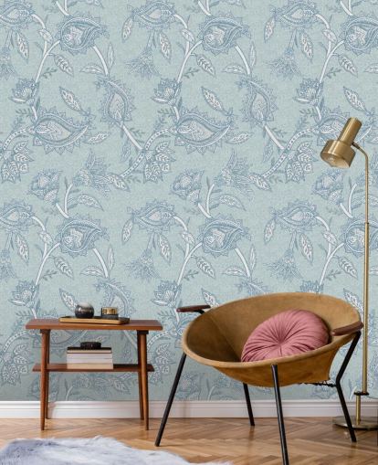 blue custom bohemian wallpaper mural called Blue Boho Floral Paisley by Bloomery Decor