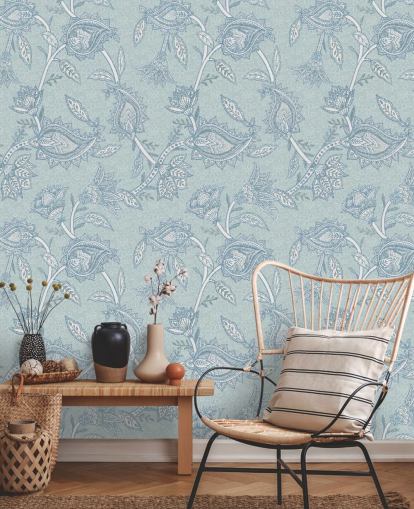 carta da parati murale bohémien personalizzata blu chiamata Blue Boho Floral Paisley di Bloomery Decor carta da parati murale bohémien personalizzata blu chiamata Blue Boho Floral Paisley di Bloomery Decor