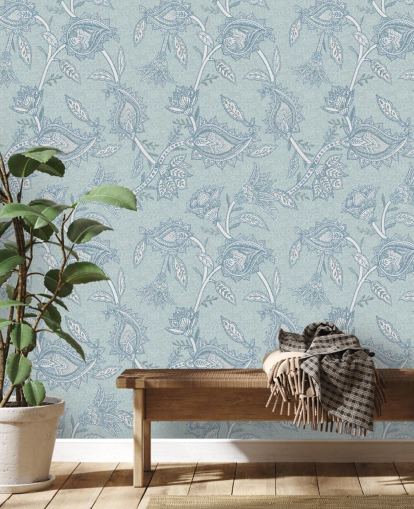 mural de papel pintado bohemio personalizado azul llamado Blue Boho Floral Paisley de Bloomery Decor