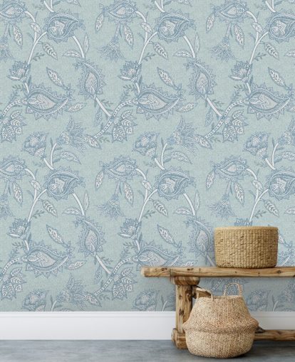 papier peint mural bohème personnalisé bleu appelé Blue Boho Floral Paisley par Bloomery Decor papier peint mural bohème personnalisé bleu appelé Blue Boho Floral Paisley par Bloomery Decor