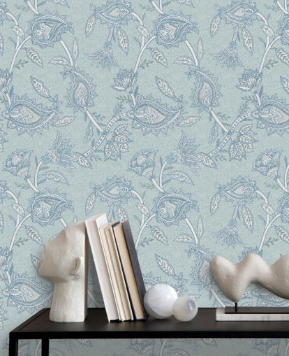 carta da parati murale bohémien personalizzata blu chiamata Blue Boho Floral Paisley di Bloomery Decor