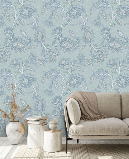 mural de papel de parede boêmio personalizado azul chamado Blue Boho Floral Paisley da Bloomery Decor mural de papel de parede boêmio personalizado azul chamado Blue Boho Floral Paisley da Bloomery Decor