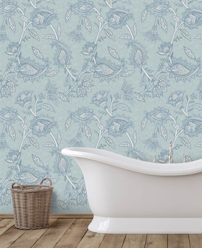 papier peint mural bohème personnalisé bleu appelé Blue Boho Floral Paisley par Bloomery Decor