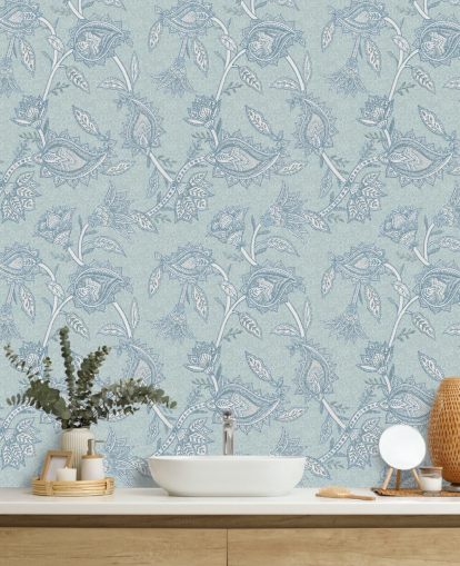 carta da parati murale bohémien personalizzata blu chiamata Blue Boho Floral Paisley di Bloomery Decor