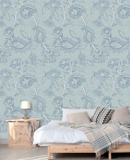papier peint mural bohème personnalisé bleu appelé Blue Boho Floral Paisley par Bloomery Decor