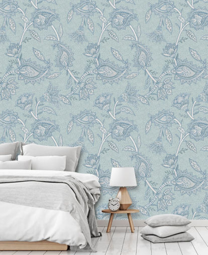 mural de papel pintado bohemio personalizado azul llamado Blue Boho Floral Paisley de Bloomery Decor mural de papel pintado bohemio personalizado azul llamado Blue Boho Floral Paisley de Bloomery Decor