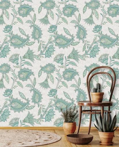 papier peint mural personnalisé vert en cachemire appelé Green Boho Floral Paisley par Bloomery Decor papier peint mural personnalisé vert en cachemire appelé Green Boho Floral Paisley par Bloomery Decor