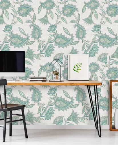 mural de papel pintado verde personalizado de cachemir llamado Green Boho Floral Paisley de Bloomery Decor mural de papel pintado verde personalizado de cachemir llamado Green Boho Floral Paisley de Bloomery Decor
