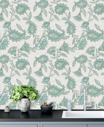 papier peint mural personnalisé vert en cachemire appelé Green Boho Floral Paisley par Bloomery Decor