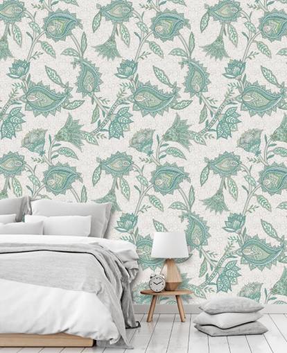 grünes individuelles Paisley-Tapeten-Wandbild namens Green Boho Floral Paisley von Bloomery Decor grünes individuelles Paisley-Tapeten-Wandbild namens Green Boho Floral Paisley von Bloomery Decor