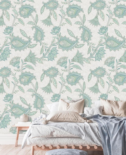 mural de papel pintado de cachemir personalizado de color verde pálido llamado Pale Green Floral Paisley de Bloomery Decor