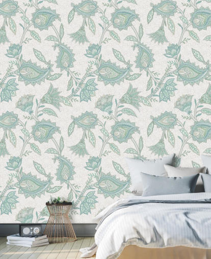 mural de papel de parede paisley personalizado verde pálido chamado Pale Green Floral Paisley da Bloomery Decor