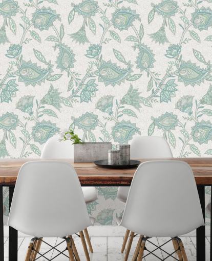 mural de papel pintado de cachemir personalizado de color verde pálido llamado Pale Green Floral Paisley de Bloomery Decor