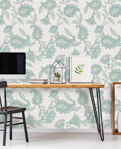 mural de papel de parede paisley personalizado verde pálido chamado Pale Green Floral Paisley da Bloomery Decor