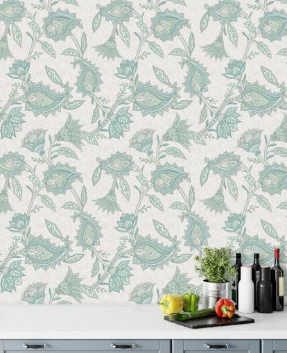pale green custom paisley wallpaper mural called Pale Green Floral Paisley by Bloomery Decor