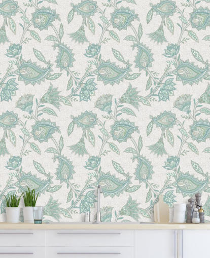 murale di carta da parati paisley personalizzato verde pallido chiamato Pale Green Floral Paisley di Bloomery Decor