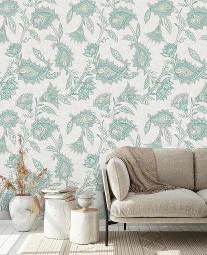 ljusgrön anpassad paisley tapetväggmålning kallad Pale Green Floral Paisley av Bloomery Decor ljusgrön anpassad paisley tapetväggmålning kallad Pale Green Floral Paisley av Bloomery Decor