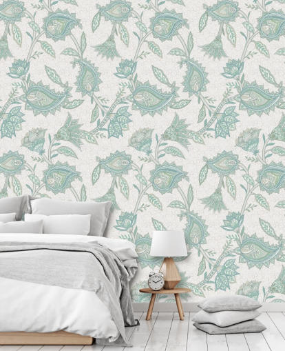 lichtgroene paisley behangmuurschildering op maat genaamd Pale Green Floral Paisley van Bloomery Decor lichtgroene paisley behangmuurschildering op maat genaamd Pale Green Floral Paisley van Bloomery Decor