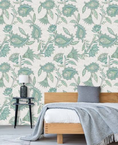 sinivihreä mukautettu kuvioinen taustakuvamaalaus nimeltä Pale Teal Floral Paisley by Bloomery Decor