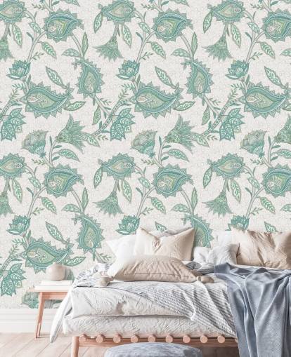 carta da parati murale con motivo personalizzato color verde acqua chiamato Pale Teal Floral Paisley di Bloomery Decor