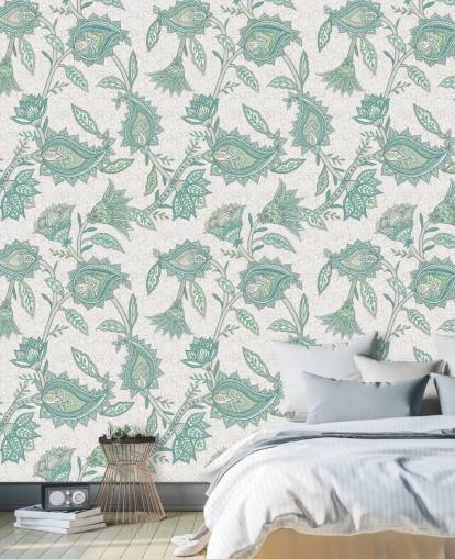 mural de papel pintado con patrón personalizado de color verde azulado llamado Pale Teal Floral Paisley de Bloomery Decor