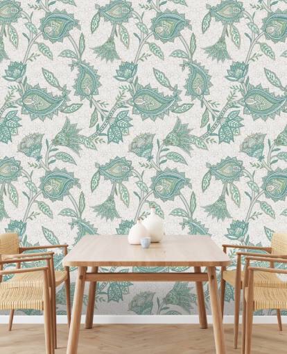 blågrønn tilpasset mønster tapetmaleri kalt Pale Teal Floral Paisley av Bloomery Decor