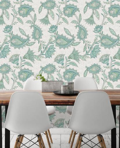 papier peint mural à motif personnalisé bleu sarcelle appelé Pale Teal Floral Paisley par Bloomery Decor