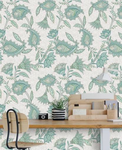 carta da parati murale con motivo personalizzato color verde acqua chiamato Pale Teal Floral Paisley di Bloomery Decor carta da parati murale con motivo personalizzato color verde acqua chiamato Pale Teal Floral Paisley di Bloomery Decor