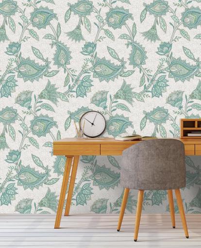 sinivihreä mukautettu kuvioinen taustakuvamaalaus nimeltä Pale Teal Floral Paisley by Bloomery Decor