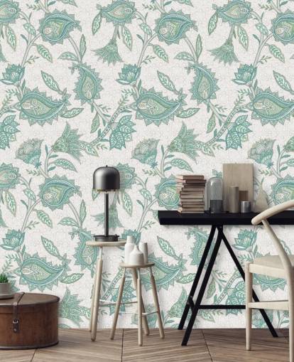 blågrønn tilpasset mønster tapetmaleri kalt Pale Teal Floral Paisley av Bloomery Decor