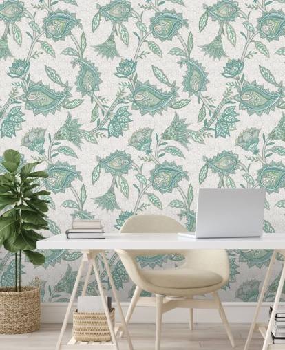blågrønn tilpasset mønster tapetmaleri kalt Pale Teal Floral Paisley av Bloomery Decor