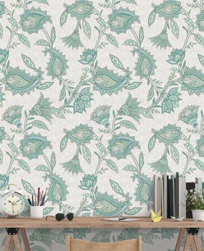 sinivihreä mukautettu kuvioinen taustakuvamaalaus nimeltä Pale Teal Floral Paisley by Bloomery Decor