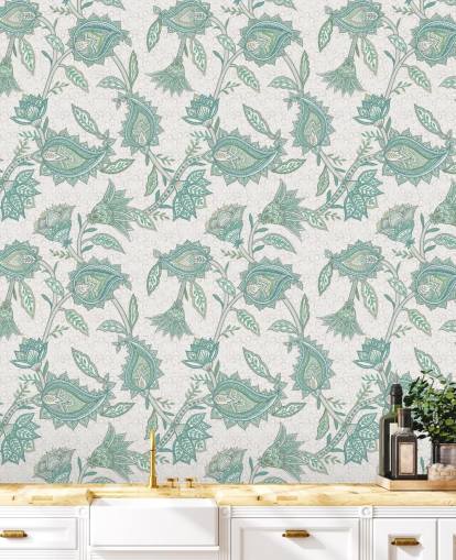 blauwgroen behangmuurschildering op maat genaamd Pale Teal Floral Paisley van Bloomery Decor blauwgroen behangmuurschildering op maat genaamd Pale Teal Floral Paisley van Bloomery Decor