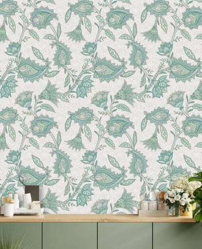 mural de papel de parede com padrão personalizado azul-petróleo chamado Pale Teal Floral Paisley da Bloomery Decor mural de papel de parede com padrão personalizado azul-petróleo chamado Pale Teal Floral Paisley da Bloomery Decor