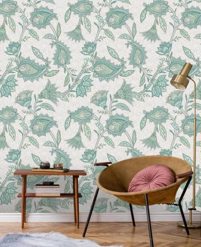 blågrøn brugerdefineret mønster tapetmaleri kaldet Pale Teal Floral Paisley af Bloomery Decor
